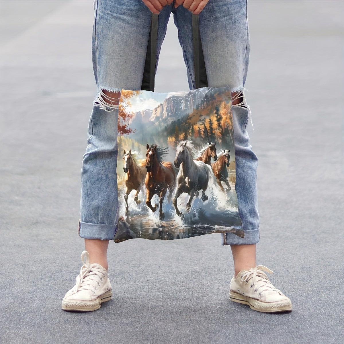 Dynamic Horse Print Tote Bag | 1pc | Linen | Large Capacity, Durable | Work, School, Shopping |40X40cm