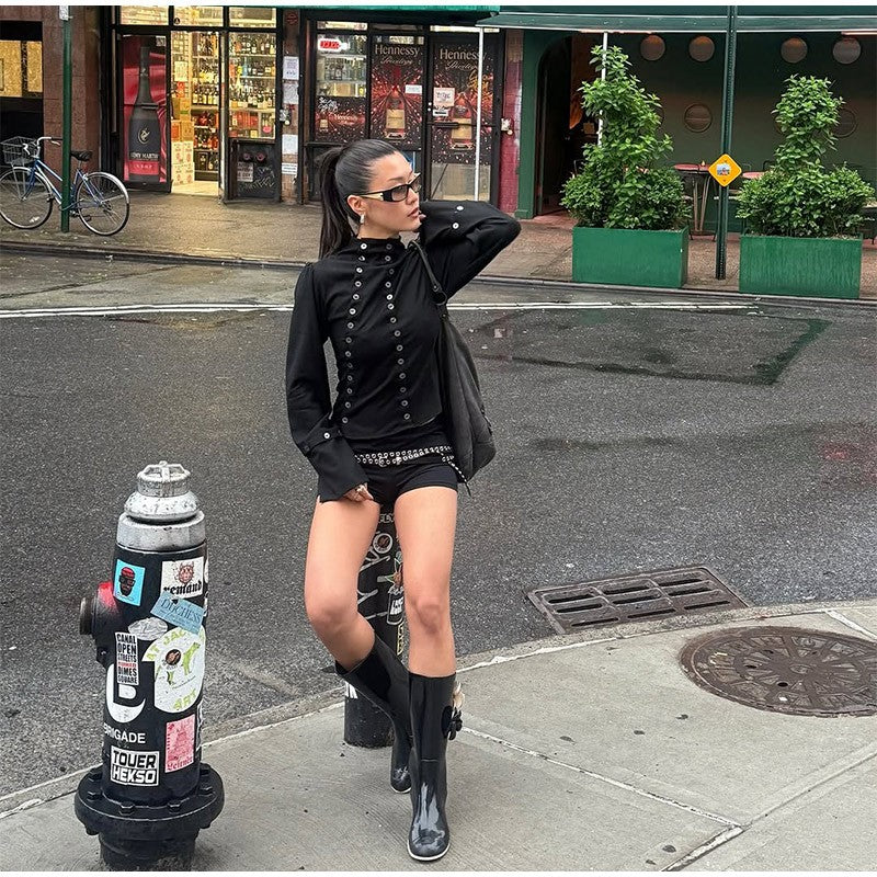 Women's Chic Buttons Cropped Shirt High Neck Solid Y2K Style Slim Fit Tops Grunge Streetwear Vintage Punk Fashion Causal Blouses