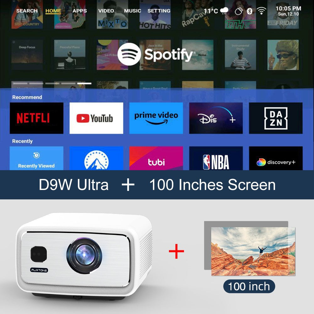 Projetor FlixTone D9W Ultra 3000 ANSI Full HD 1080P para Filmes Android WiFi 6 Home Theater Projetor Beam para Vídeos ao Ar Livre