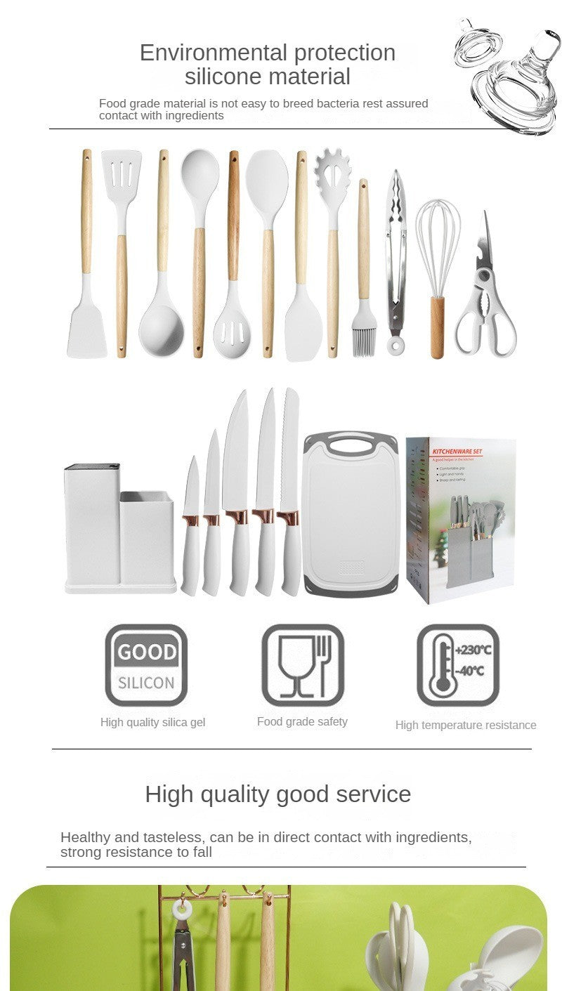 Conjunto de utensílios de cozinha de silicone, 19 peças com cabo de madeira, espátula, panela antiaderente e balde de armazenamento de facas multiuso integrado