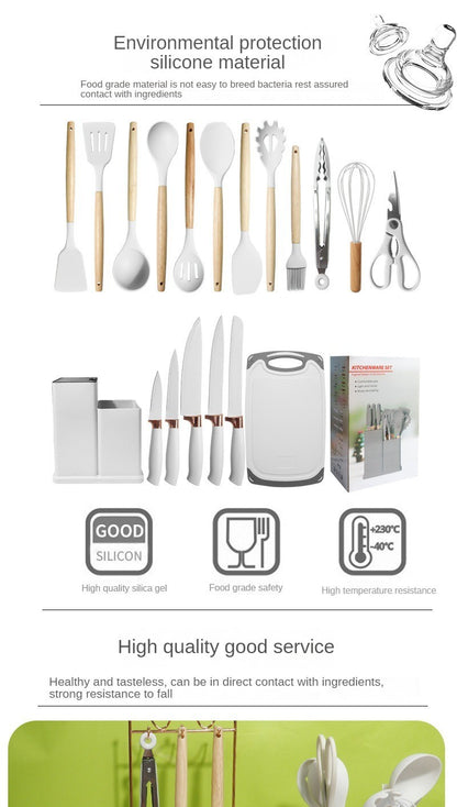 Conjunto de utensílios de cozinha de silicone, 19 peças com cabo de madeira, espátula, panela antiaderente e balde de armazenamento de facas multiuso integrado
