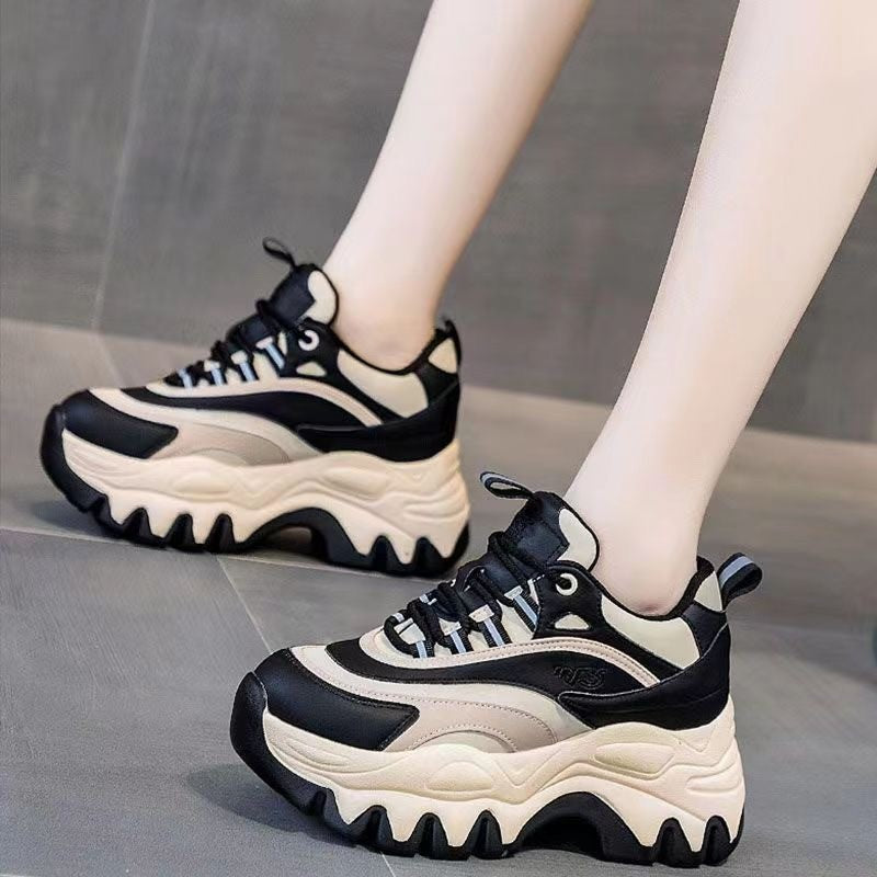 Tênis Feminino Casual Branco 8CM Plataforma Altura Aumento Moda Chunky Solado Grosso Primavera Couro Tênis Feminino Esportivo 2024