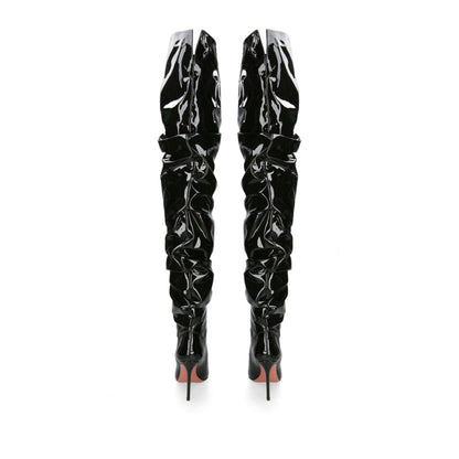 Women's New Pointed Pleated High-heeled Knee High Boots, Autumn and Winter Suede Thigh Boots, Women's Plus Size Stacking Boots