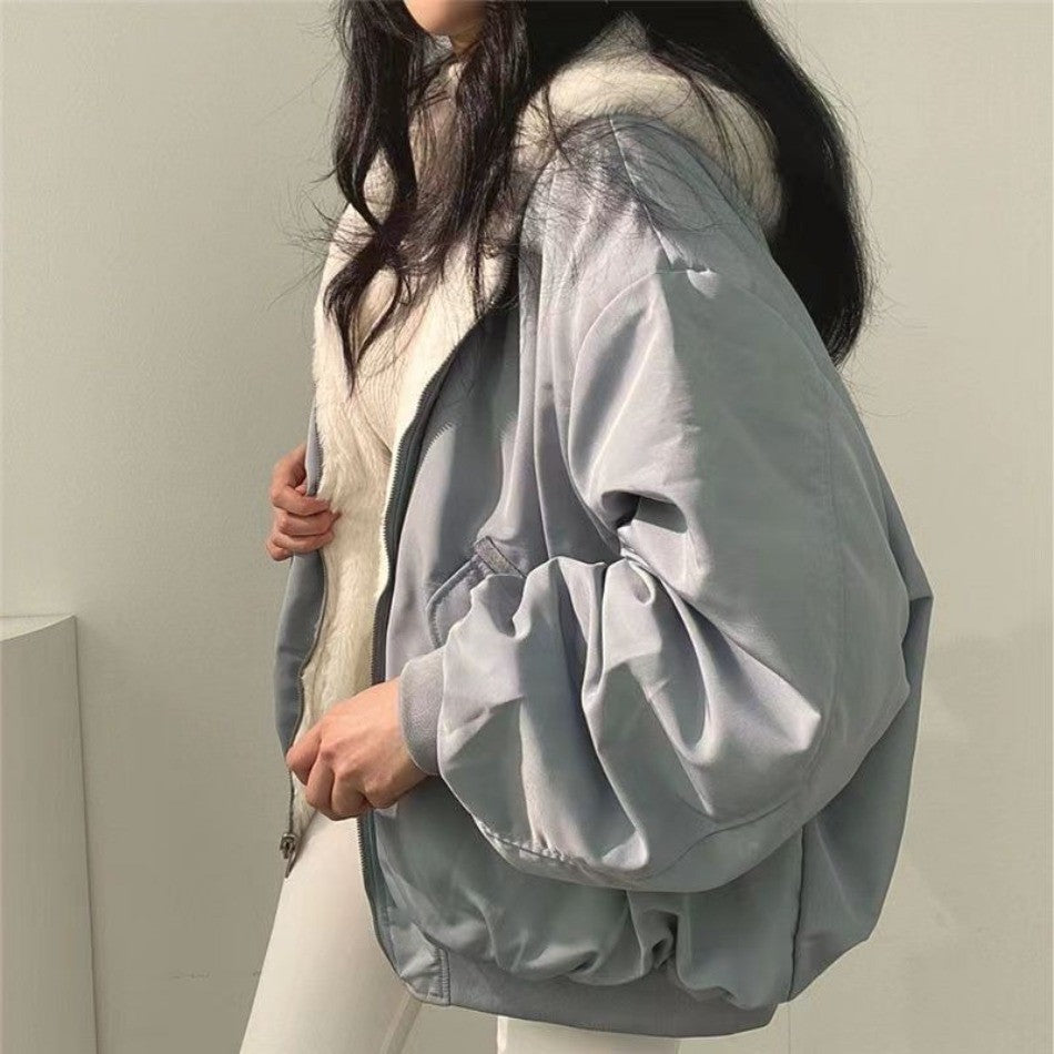 Korean Fleece-Lined Thickened Reversible Lambswool Cotton Jacket Women's Autumn Winter New Zipper Hooded Cotton Coat Top