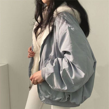 Korean Fleece-Lined Thickened Reversible Lambswool Cotton Jacket Women's Autumn Winter New Zipper Hooded Cotton Coat Top