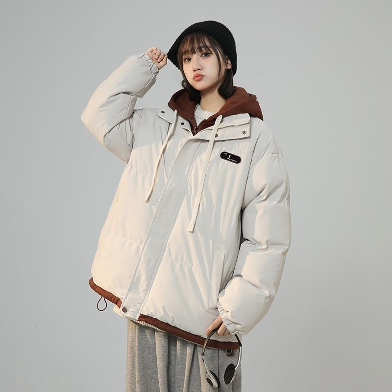 Korean Version New Fashion Letter Patch Fake Two Piece Cotton-padded Jacket Y2K Harajuku Vintage Thick Bread Loose Student Coats