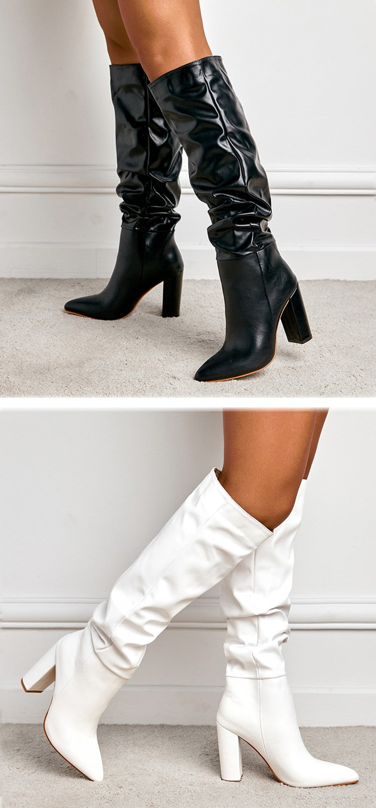 Fashion Pleated Women Knee High Boots Sexy Pointed Toe Square Heels Ladies Long Female White Black Shoes size 35-42