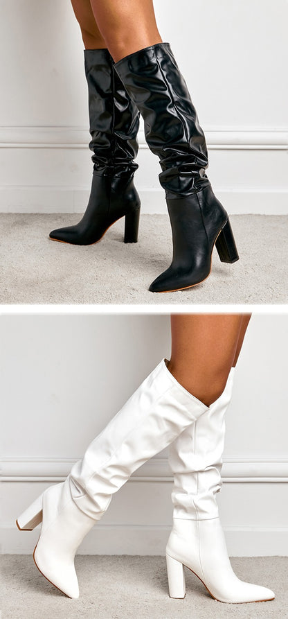 Fashion Pleated Women Knee High Boots Sexy Pointed Toe Square Heels Ladies Long Female White Black Shoes size 35-42
