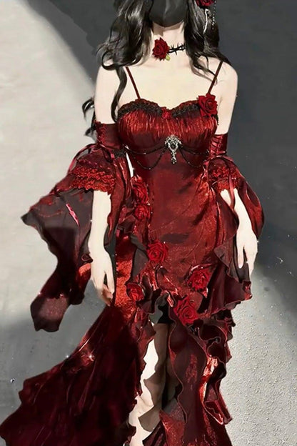 Red Rose Dress Lolita Mermaid Dress Elegant Goddess Lolita Adult Ceremony Dress Skirt