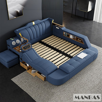 Tech Smart Bed 2 People with King Size Bed Frame Queen, Genuine Leather, Massage, USB, Bluetooth Speaker, and Safe By MINGDIBAO