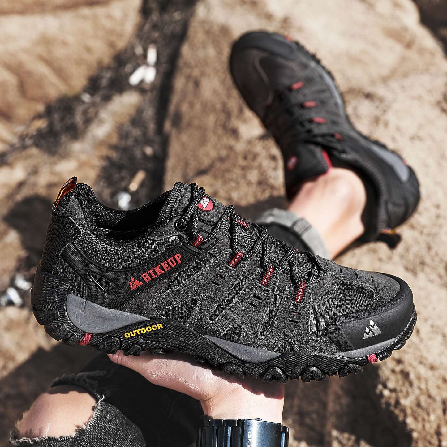 HIKEUP Tênis Masculino de Caminhada em Couro Camurça, Calçados Outdoor Resistentes ao Desgaste Masculinos para Trekking, Caminhada, Caça e Tênis Táticos