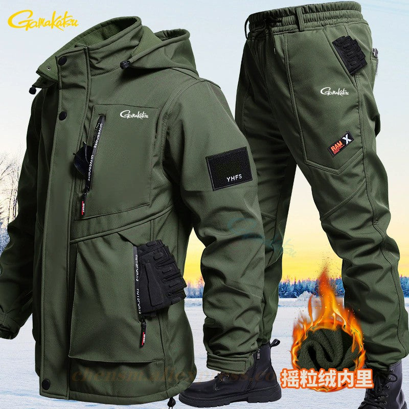 Conjunto de Roupas de Ciclismo e Pesca Gamakatsu Masculino para Outono e Inverno Impermeável Forrado com Lã Térmico Engrossado Corta-Vento Quente