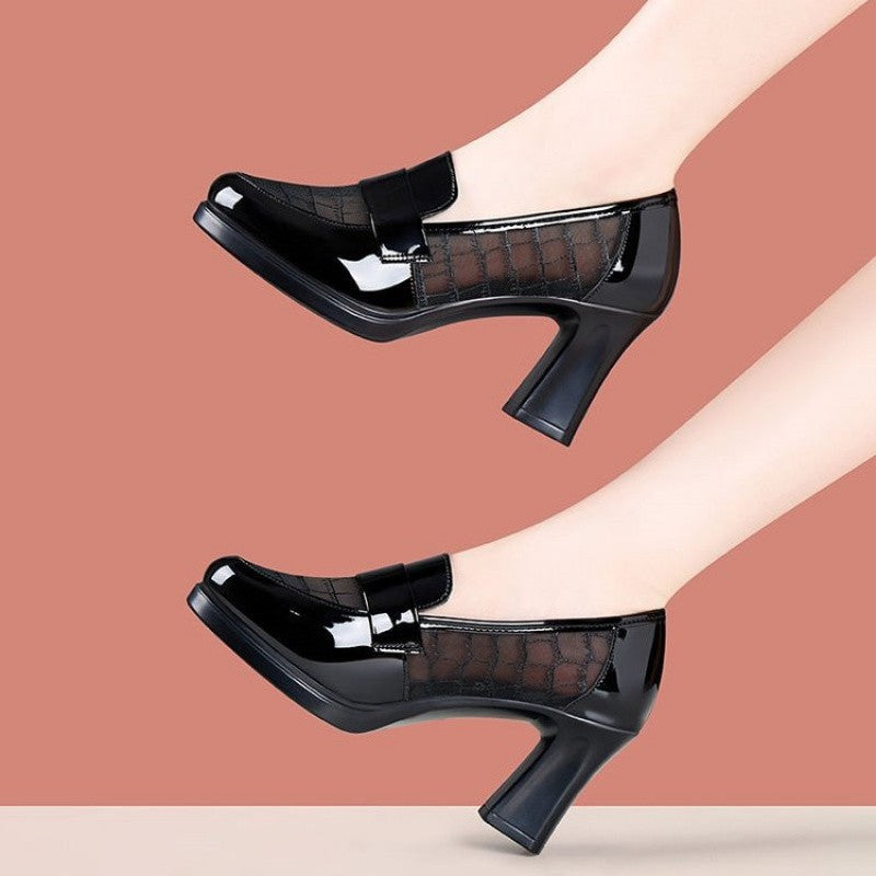 2025 Primavera/Outono Salto Alto Feminino de Malha e Couro - Mocassins de Salto Médio Vazado em Couro Macio com Sola Macia e Salto Grosso