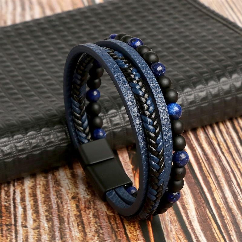 Pulseira de Couro Jiayiqi Masculina Punk Hip Hop Metal Charm Contas Olho de Tigre Pulseira Multicamadas para Homens Joia da Moda Presente