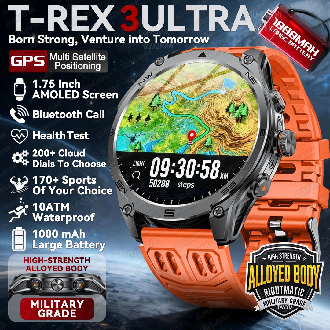 T-Rex3 Ultra Novo Smartwatch com Bússola e GPS Integrados Bateria de 1000mAh Resistência à Água 10ATM Rastreador Esportivo Smartwatches Militares para Exteriores