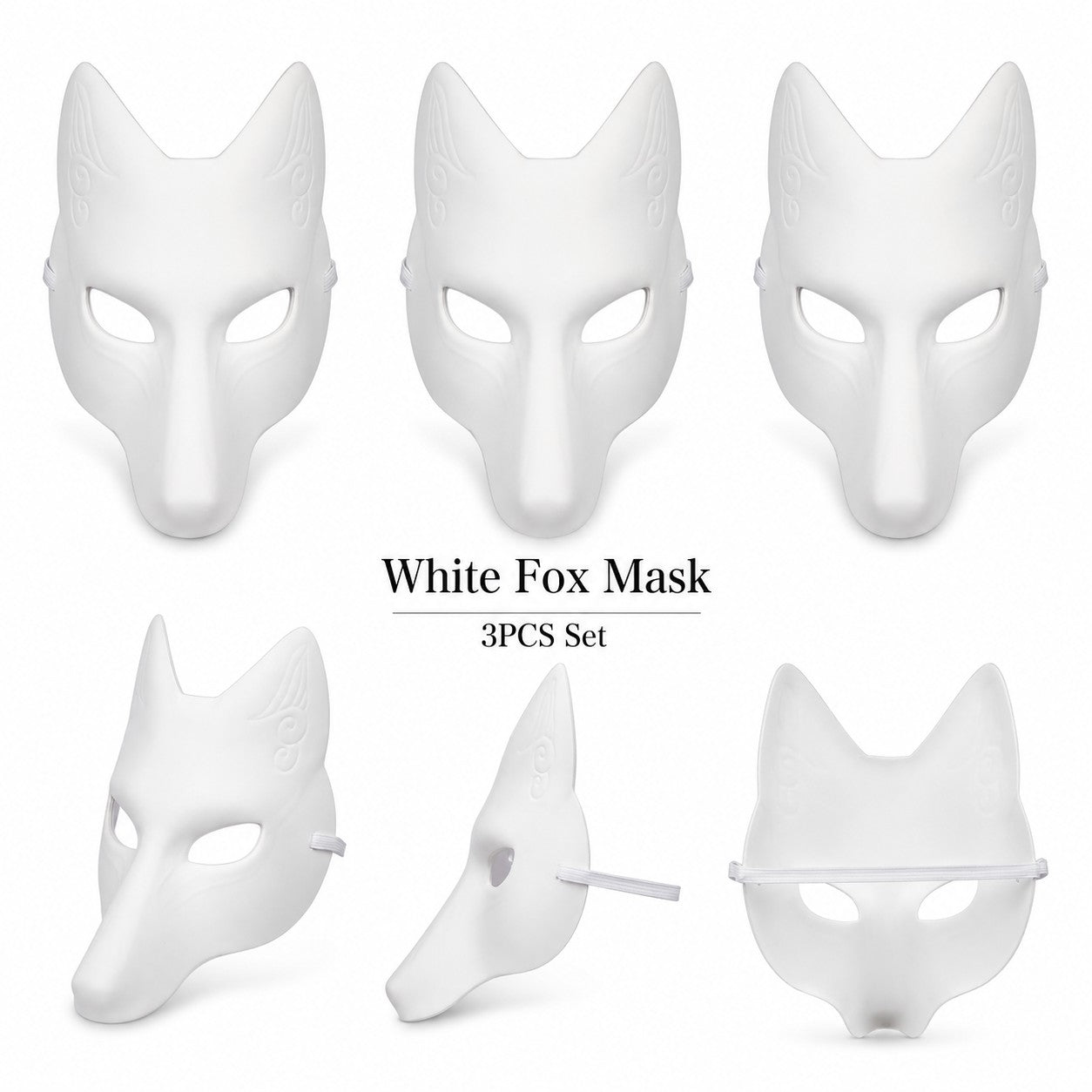 DIY White Fox Mask Paintable Kitsune Cosplay Half Face Mask, Blank Anime Fox Mask for Halloween Party Masquerade Stage Prop