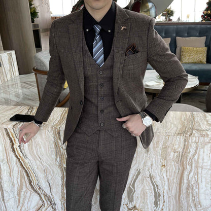 British Korean Style High Quality Modified Plaid Three-Piece Suit for Men - Stylish Business Casual Suit Vest And Trousers Set