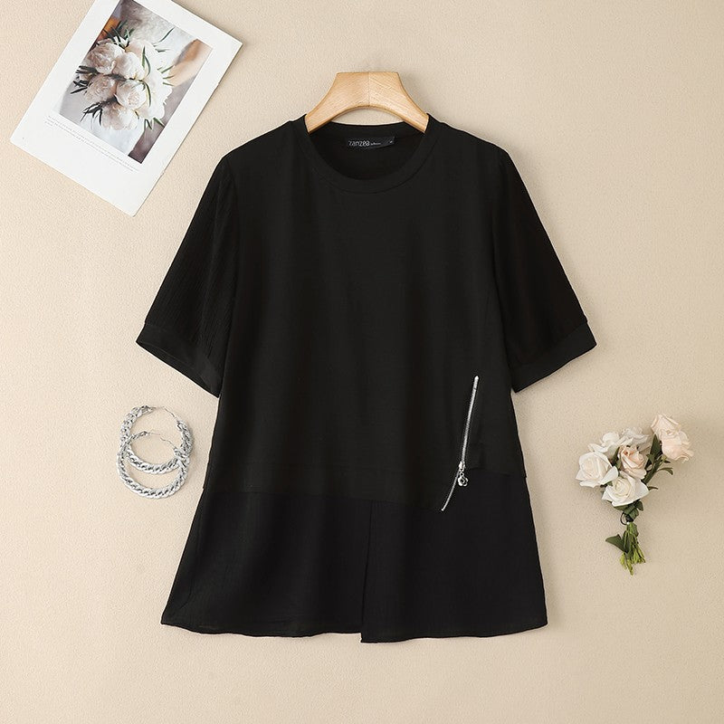 ZANZEA Women Summer Patchwork Blouse 2025 Casual O Neck Short Sleeve Tops Blusas Fashion Elegant Work Shirt Mujer Female Chemise