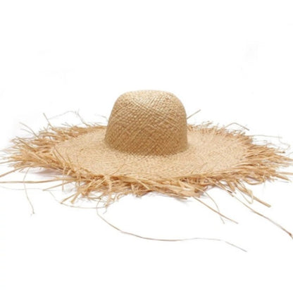 WZCX Feito à Mão Borla Feminina Chapéus de Sol de Palha Aba Larga Grande Chapéu de Palha Natural de Ráfia Panamá Praia Chapéus de Sol Para Feriado