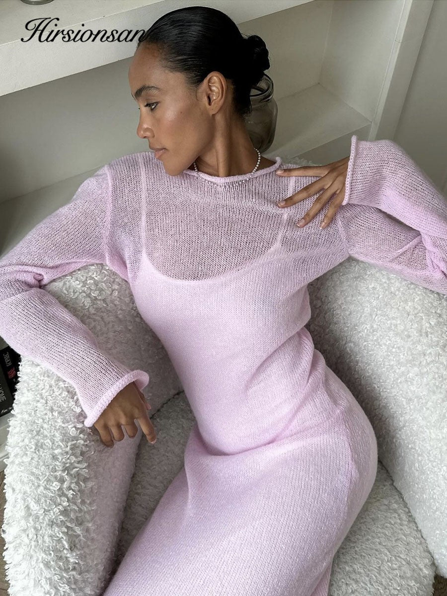 Hirsionsan Spring Autumn O-Neck Elastic Knit Long Dresses Women 2024 Elegant Chi