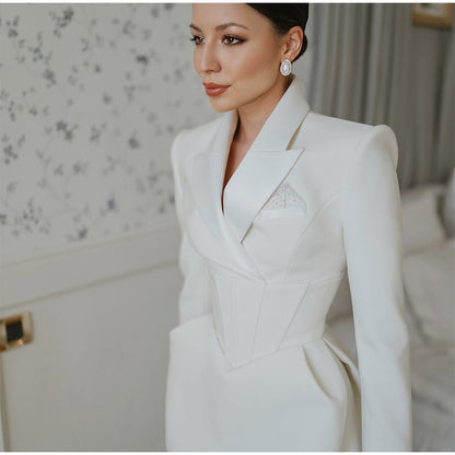 Fashion Solid Cinched-waist Mini Dress Women Elegant Lapel Full Sleeve V-neck A-line High Waist Dresses Lady Office Commute Gown