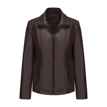 2025 Women’s Stylish Brown Faux Leather Jacket - Slim Fit, Trendy Moto Style with Zipper Detail PU Coat.