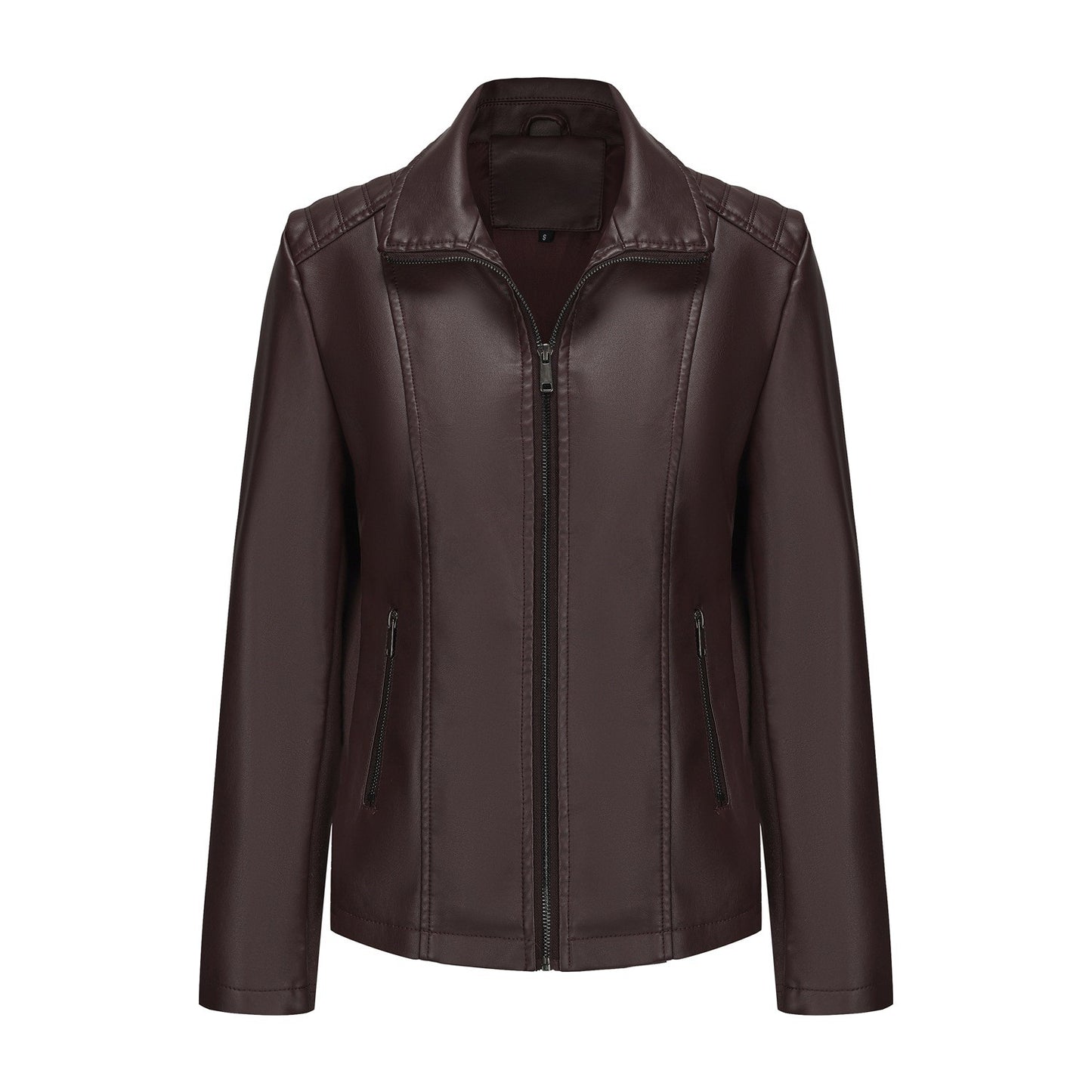 2025 Women’s Stylish Brown Faux Leather Jacket - Slim Fit, Trendy Moto Style with Zipper Detail PU Coat.