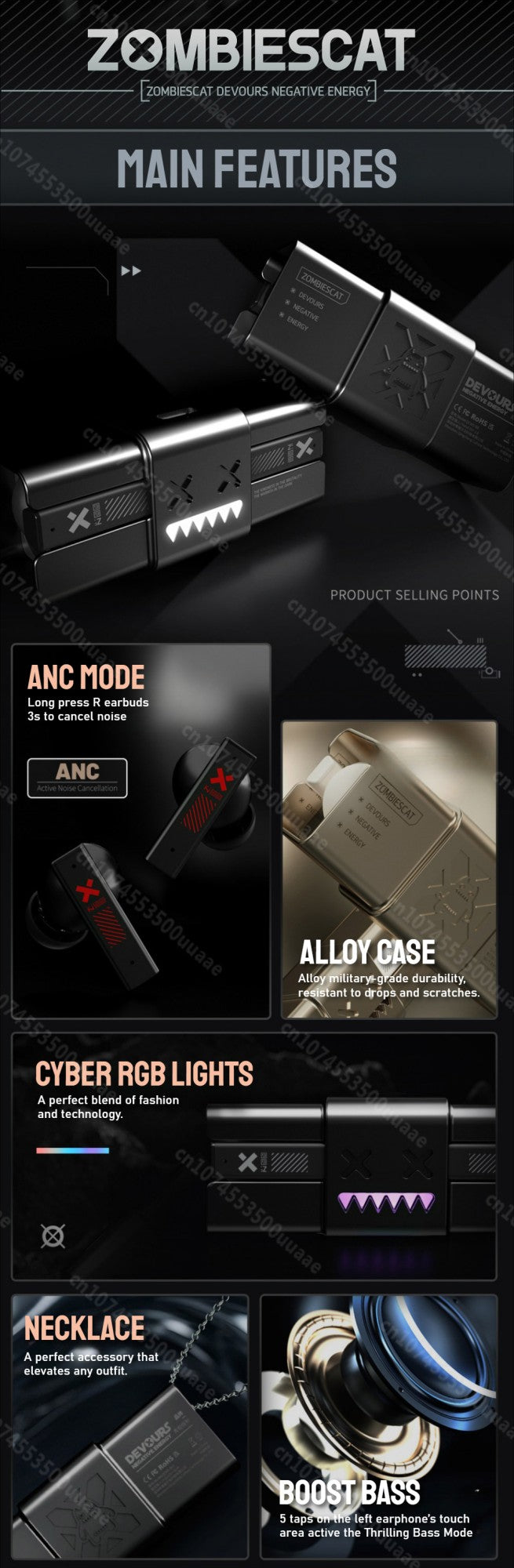 Zombiescat B10 -45dB ANC Earbuds Necklace Design Bluetooth 5.4 Earphone Boost Deep Bass Headphone with Active Noise Cancellation