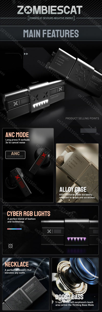 Zombiescat B10 -45dB ANC Earbuds Necklace Design Bluetooth 5.4 Earphone Boost Deep Bass Headphone with Active Noise Cancellation