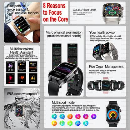 Smartwatch 2025 Novo ECG Chamada BT Feminino Frequência Cardíaca Lipídios Sanguíneos Ácido Úrico Saúde Monitores AI Voz 650mAh Esportivo
