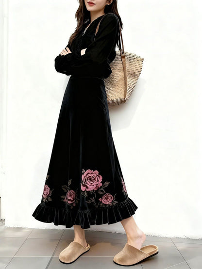 Women Clothes Autumn Winter Fashion Simplicity All-match Printing Solid Color Female Temperament Pleuche High Waist A-line Skirt