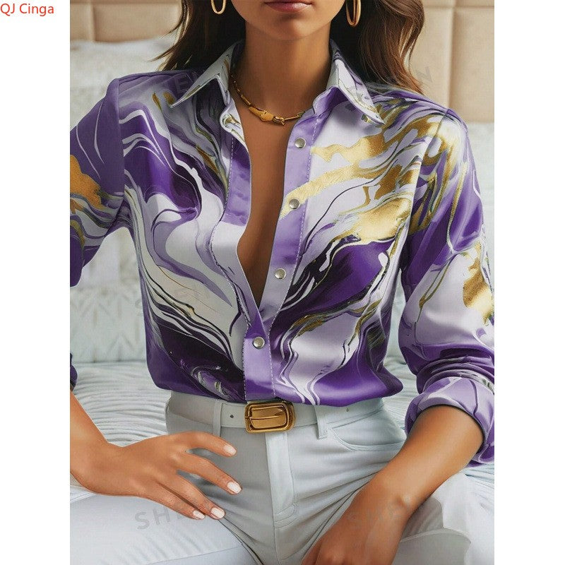 Women's Purple Long-Sleeve Shirt for Fall, Single-Button Collar Print Shirts, Fashionable Fitted Top for Girls.