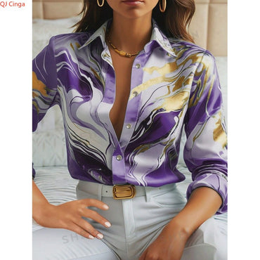 Women's Purple Long-Sleeve Shirt for Fall, Single-Button Collar Print Shirts, Fashionable Fitted Top for Girls.