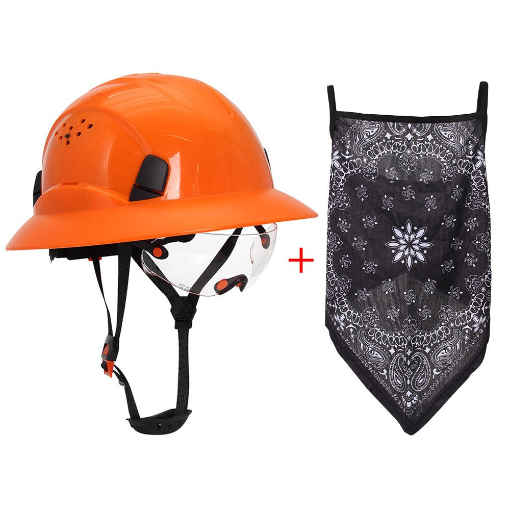 CE Carbon Fiber Full Brim Hard Hat w/ Built In Goggle Triangle Face Towel Construction Engineer  Safety Helmet ABS Safety Cap
