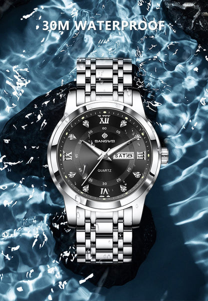 LIGE Brand BANGWEI Quartz Man Watch Fashion Stainless Steel Band Business Luxury Diamond Waterproof Calendar Watches for Men+Box