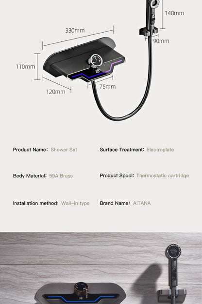 Luxury black brass wall mounted thermostatic bathroom faucet with LED digital display design, embedded hot and cold bathtub Tap