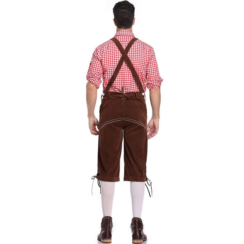 Germany Oktoberfest Costumes Adult Men Traditional Bavarian Beer Shorts Outfit Overalls Shirt Hat Suspenders Set Halloween Cloth