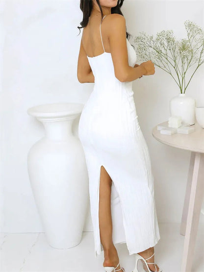 Sexy Women Long Dress Ruched Sleeveless Slim Solid Summer Party Back Split Dress
