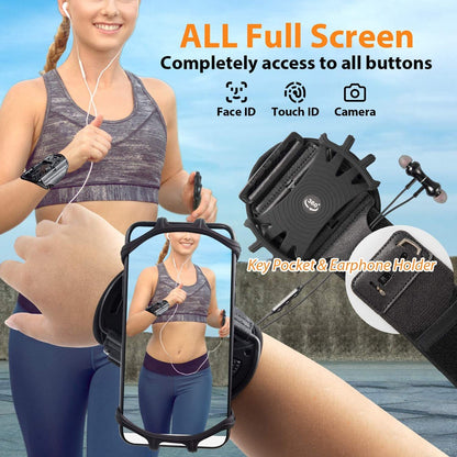 Running Wristband Phone Holder 360°Rotation Detachable Sports Armband with Key Holder for iPhone Samsung Xiaomi Huawei Phone