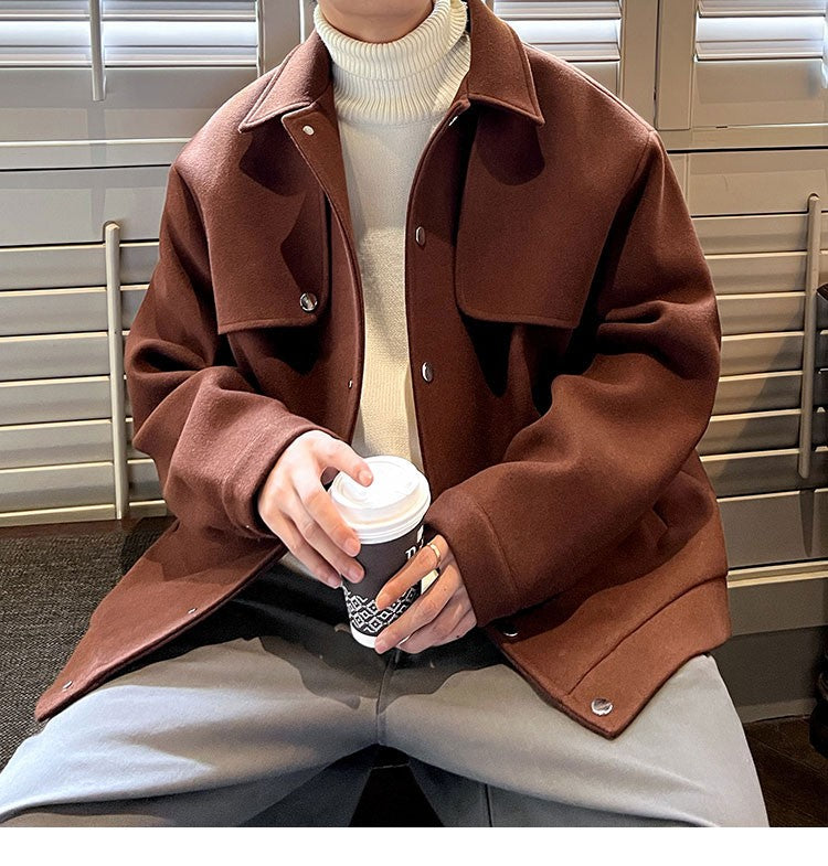 Winter Short Woolen Coat Men Warm Retro Thickened Woolen Jacket Men Streetwear Korean Loose Woolen Coat Mens Oversized Overcoat