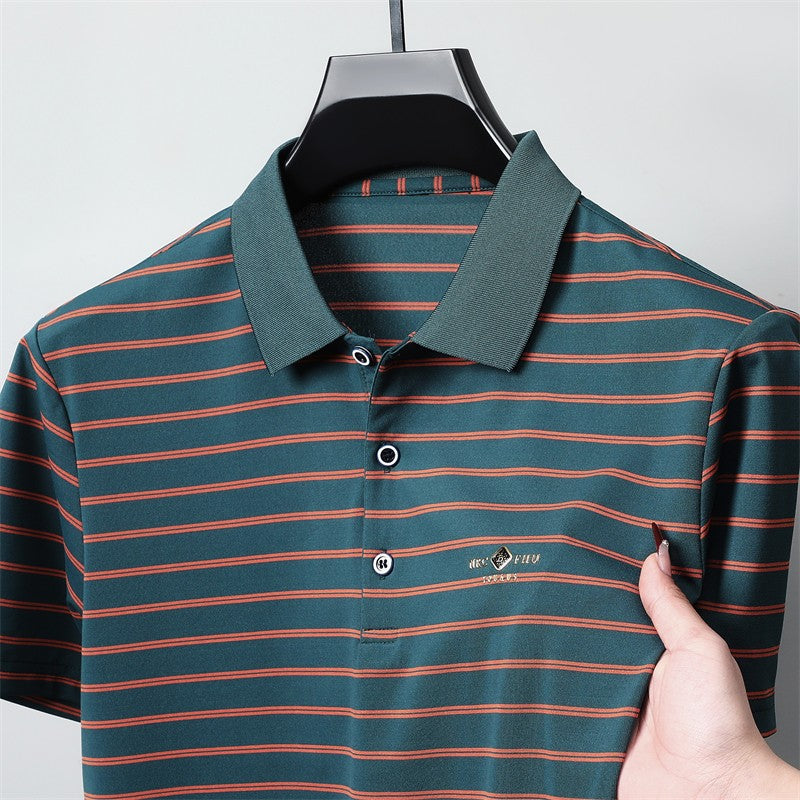Men's Casual and Fashionable Striped Short Sleeved Polo Shirt Summer Comfortable Sweat Absorbing Breathable and Versatile Top