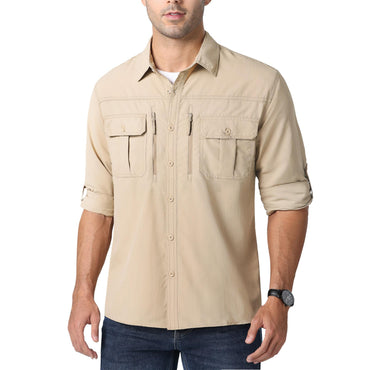 MAGCOMSEN UPF 50+ Mens Quick Dry Cargo Shirts Mesh Breathable Long Sleeve Work Shirts UV block Outdoor Hiking Fishing Shirts