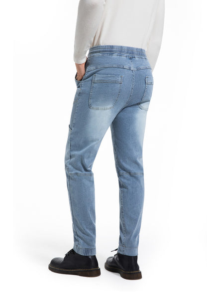 Calça jeans masculina, estilo casual, com elástico na cintura, cor lisa, adequada para todas as estações.