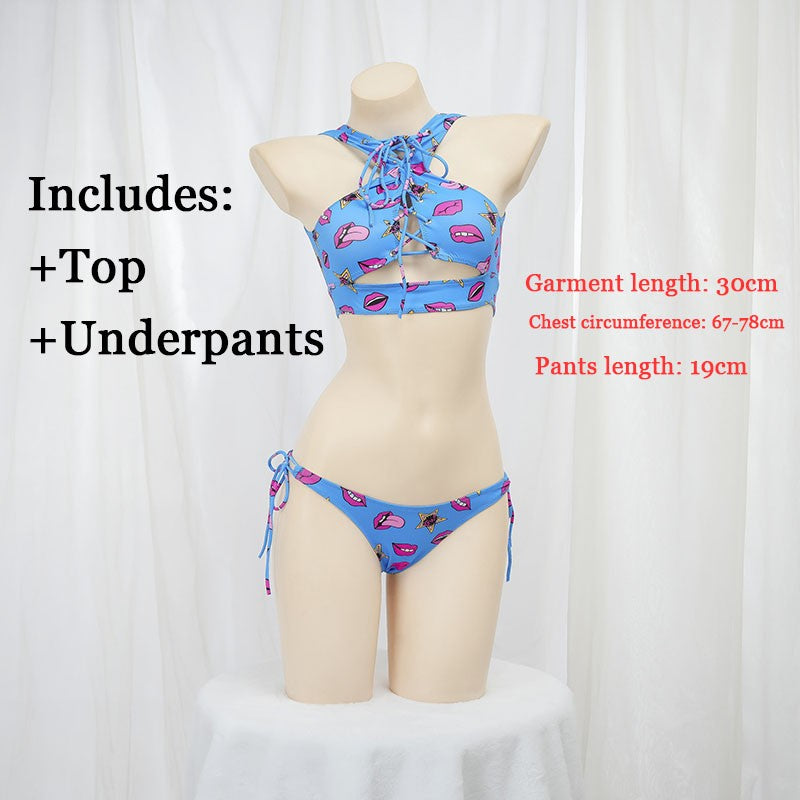 Anime Beach Girl Red Lip And Yellow Danger Warning Line Uniform Printing Bikini Swimsuit Underwear Women Outfits Cosplay Costume