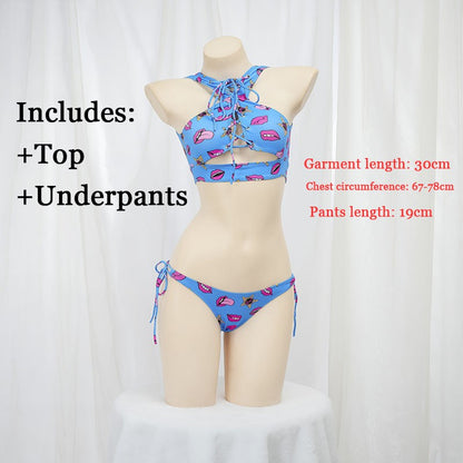Anime Beach Girl Red Lip And Yellow Danger Warning Line Uniform Printing Bikini Swimsuit Underwear Women Outfits Cosplay Costume