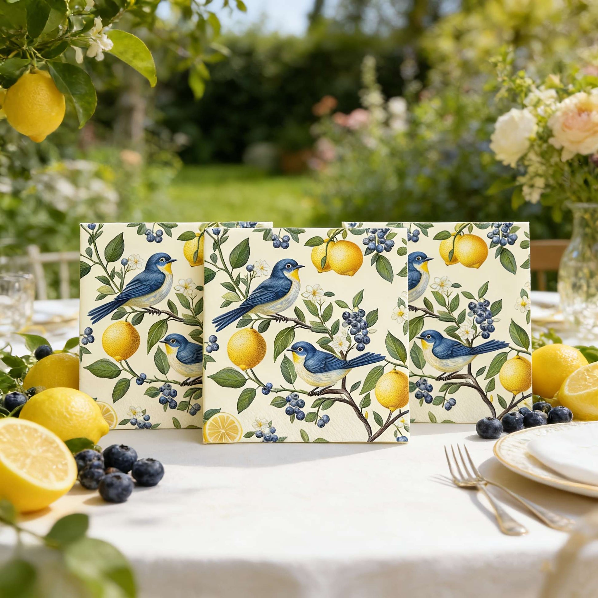 20/40/60pcs Bird Lemon Blueberry Flower Themed Party Napkins, Suitable for Party Tea Parties, Birthdays, and Desktop Decoration