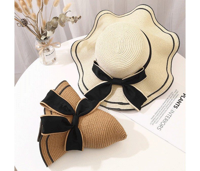 Beach HatJapanese Everything Hairy Edge Straw Hat Female Summer dome  Top Outing Sun Hat Small Fresh Bow Sun Shade Beach Hat