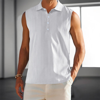 Men s Sleeveless Collared Tank Tops with Textured Stripes and Half Button-up Detail Solid Color Casual Shirts for Summer Wear