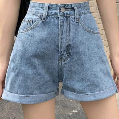 Summer 2024 New Women Rolled Edge Hot Denim Shorts Lady Korean Mini Pants Girls Elastic Blue Black Black Gray A Line Short Jeans