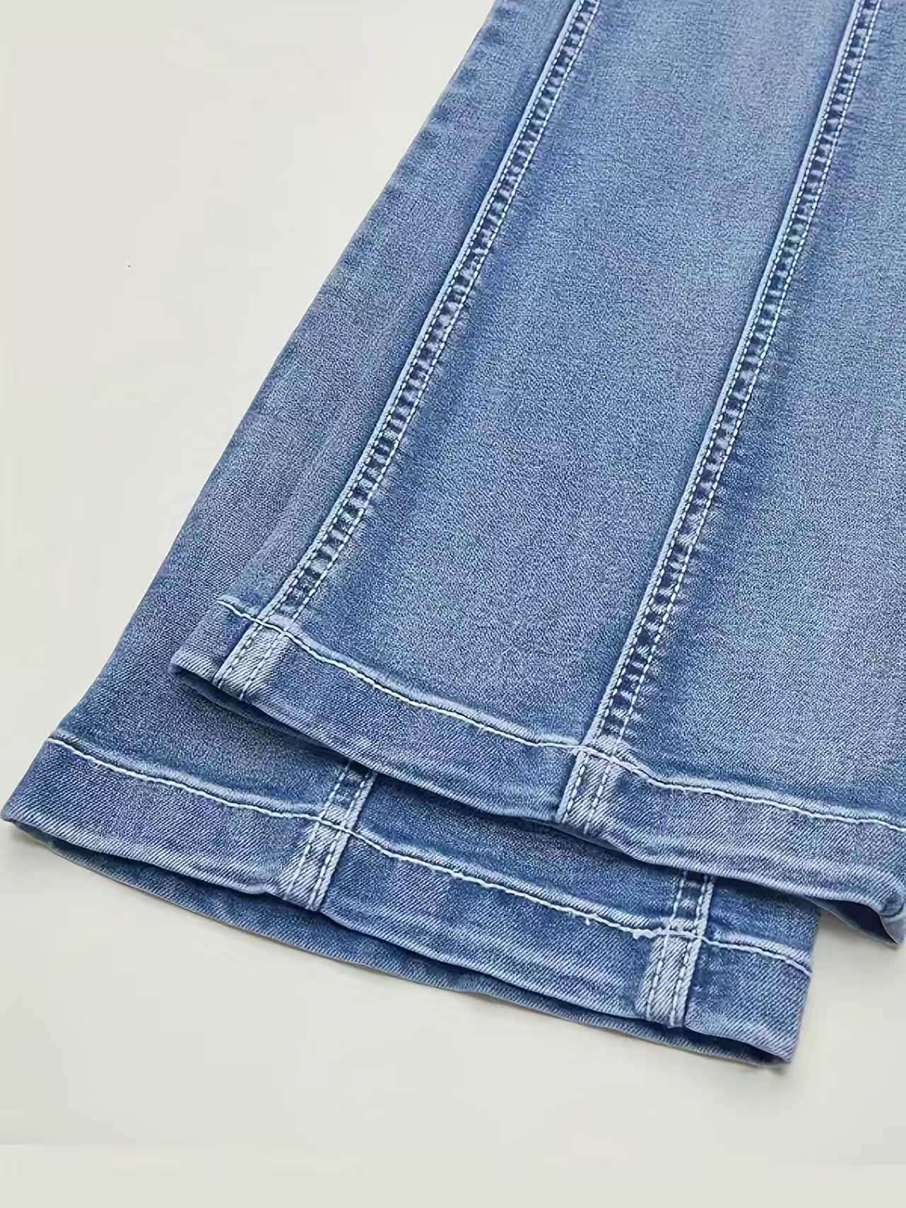 Women's Vintage Distressed Line Flared Jeans, Slim Fit, Mid Rise, Stretchable, Casual, Washed Denim Bell Bottoms